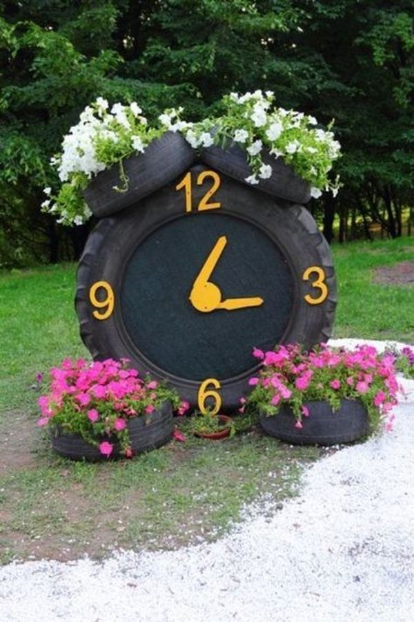 Jardiniere in forma de ceas din anvelope